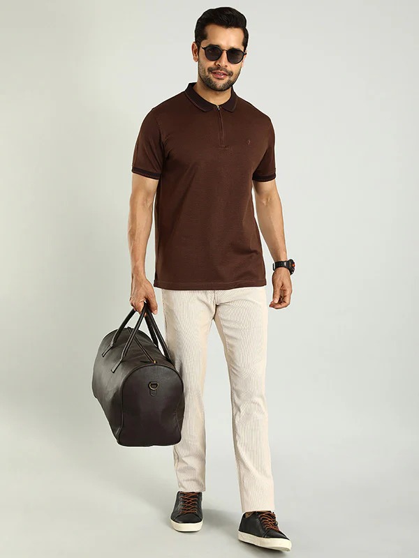 Indian Terrain Men's Slim Fit Striped Beige Trousers